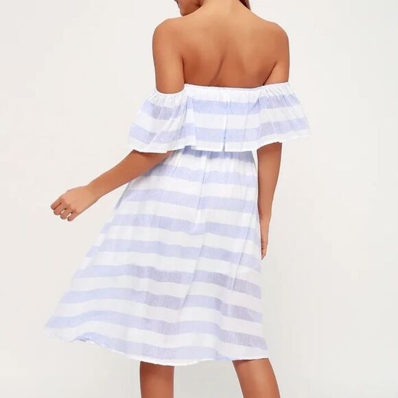 Lulu's Transatlantic Voyage Light Blue and Ivory Striped Midi Dress Medium NWT - Picture 3 of 16